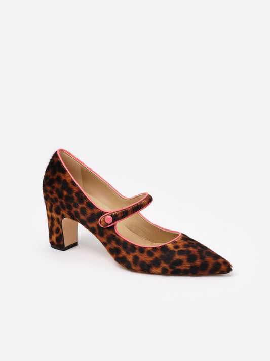 Katie Calf Hair Pumps in Leopard by J.McLaughlin featuring a pointed toe, classic Mary Jane strap, and mid-height heel in an effortlessly stylish leopard print design.