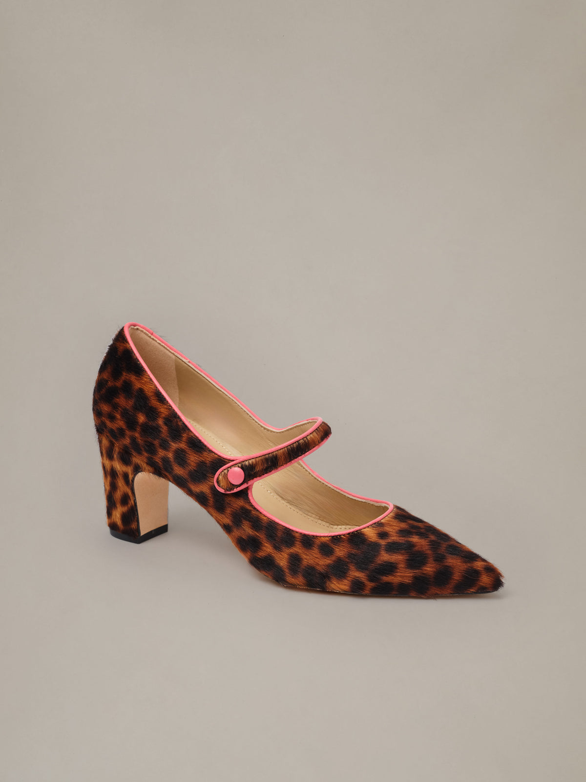 Katie Calf Hair Pumps in Leopard by J.McLaughlin leopard print pointed toe Mary Jane shoes with adjustable strap and block heel