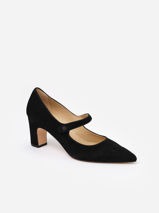 Katie Suede Pumps by J.McLaughlin featuring a sleek pointed toe, classic Mary Jane strap, and mid-height block heel in elegant black suede, blending timeless style with modern craftsmanship.