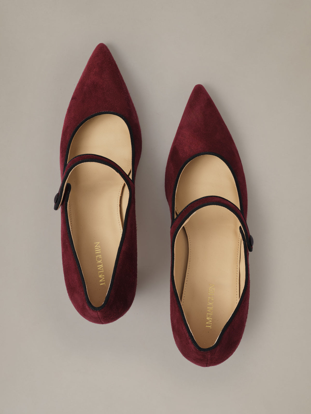 Katie Suede Pumps by J.McLaughlin in burgundy suede with pointed toes Mary Jane straps and 2 3/4 inch heels shown from above
