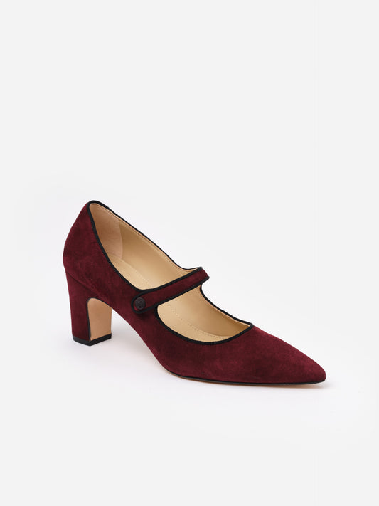 Katie Suede Pumps by J.McLaughlin in deep burgundy suede with a classic Mary Jane strap, pointed toe, and mid-height block heel, combining timeless style and craftsmanship.