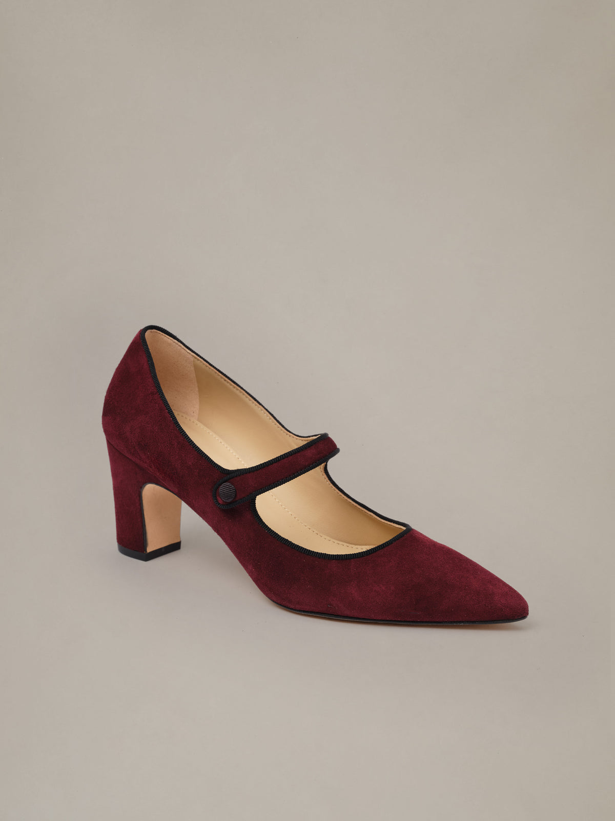 Katie Suede Pumps by J.McLaughlin in burgundy suede with pointed toes classic Mary Jane straps and 2 3/4 inch block heels