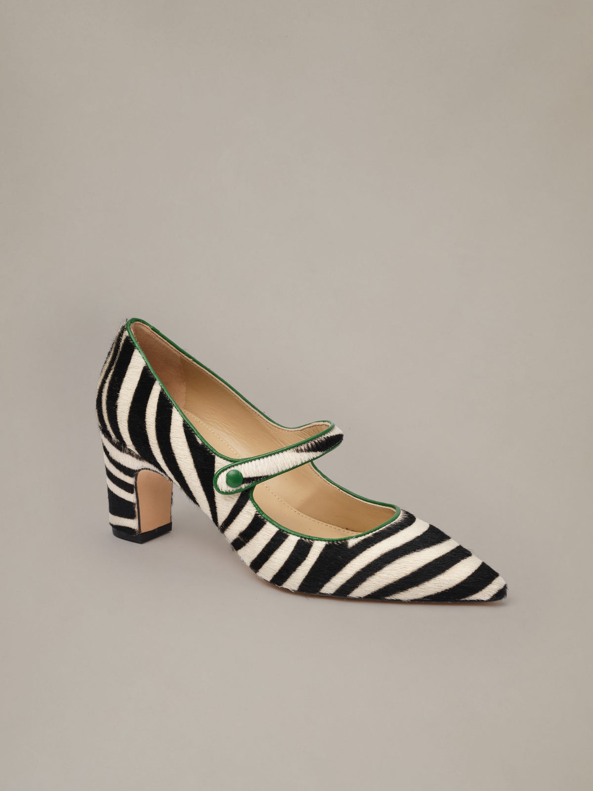 Katie Calf Hair Pumps in Zebra by J.McLaughlin with pointed toe Mary Jane strap and block heel shoes in bold zebra print calf hair suede