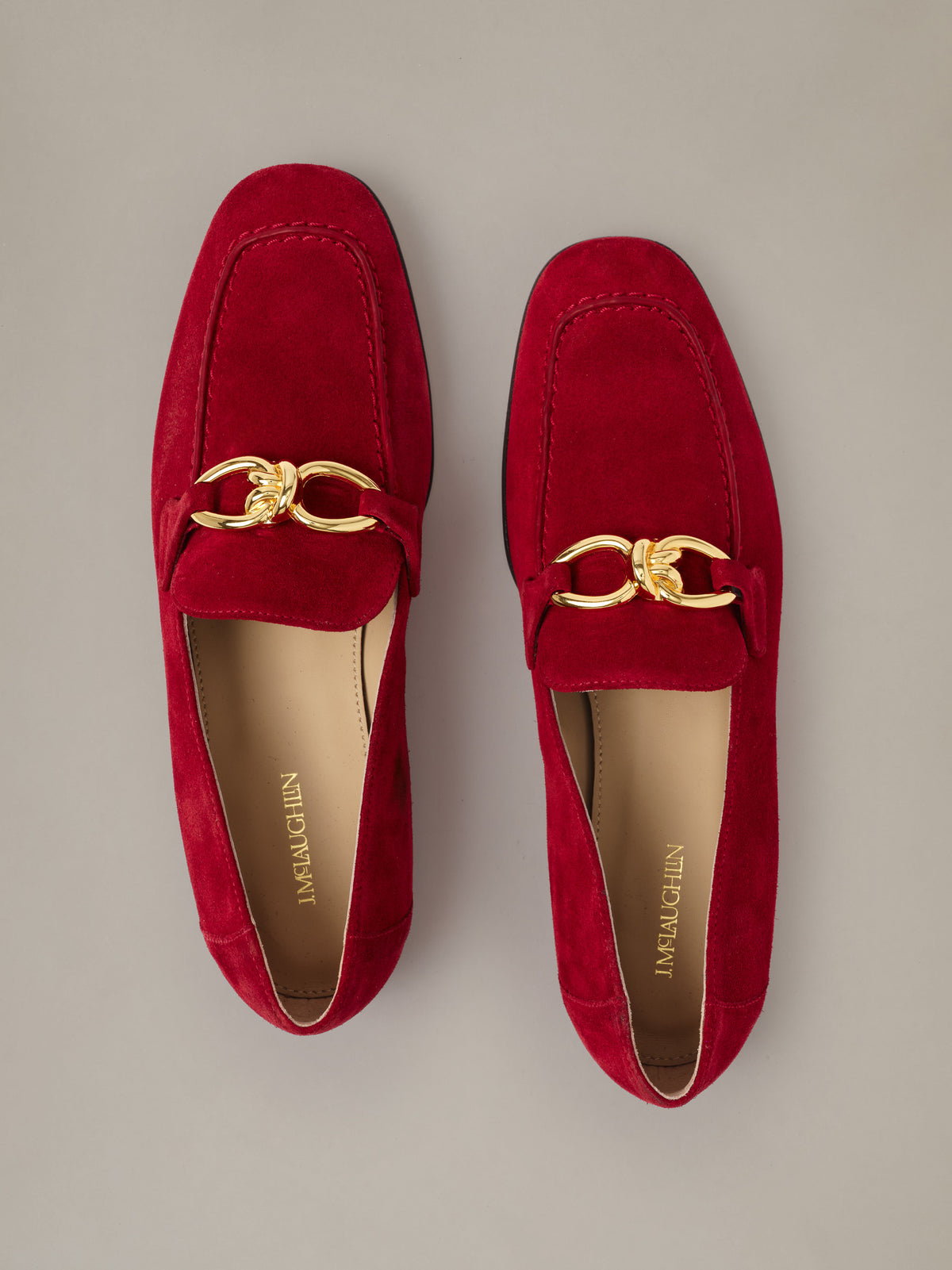 Mila Suede Loafers by J.McLaughlin in rich red suede with gold horsebit details shown from above