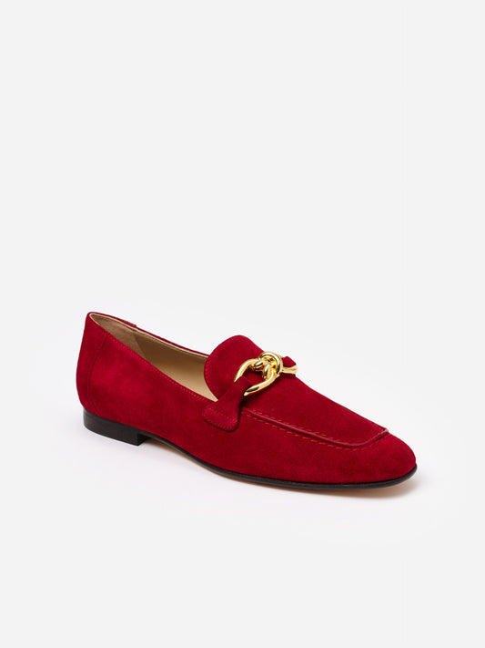 Mila Suede Loafers in rich red suede with a gold-tone chain detail, designed by J.McLaughlin for effortlessly stylish, enduring shoes.