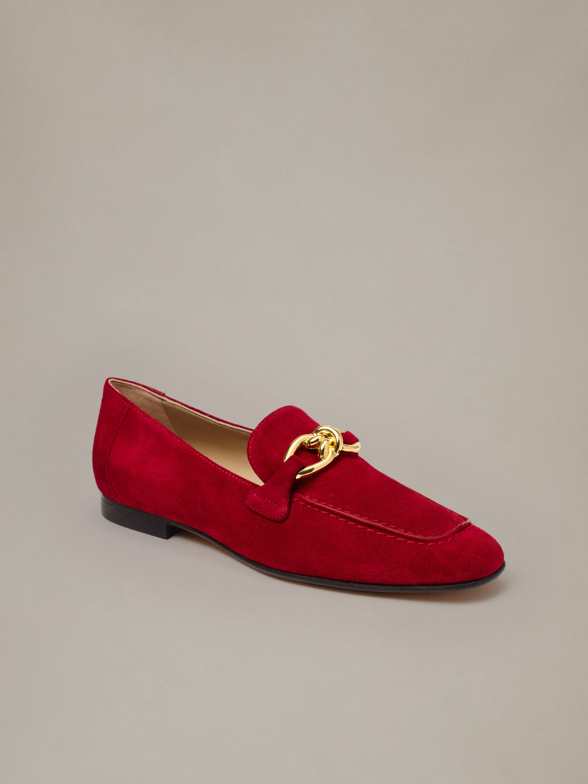 Mila Suede Loafers in red suede with a gold chain detail and low heel by J.McLaughlin