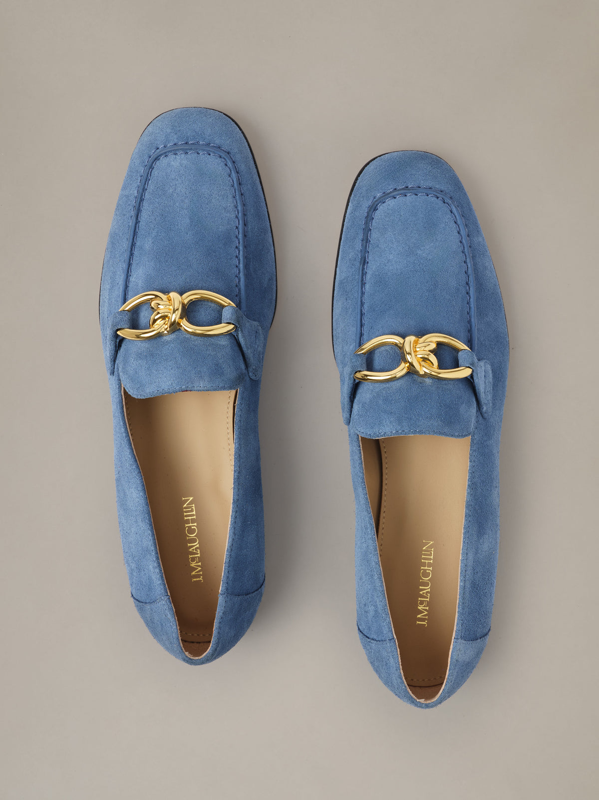 Mila Suede Loafers by J.McLaughlin in blue suede with gold horsebit details shown from above