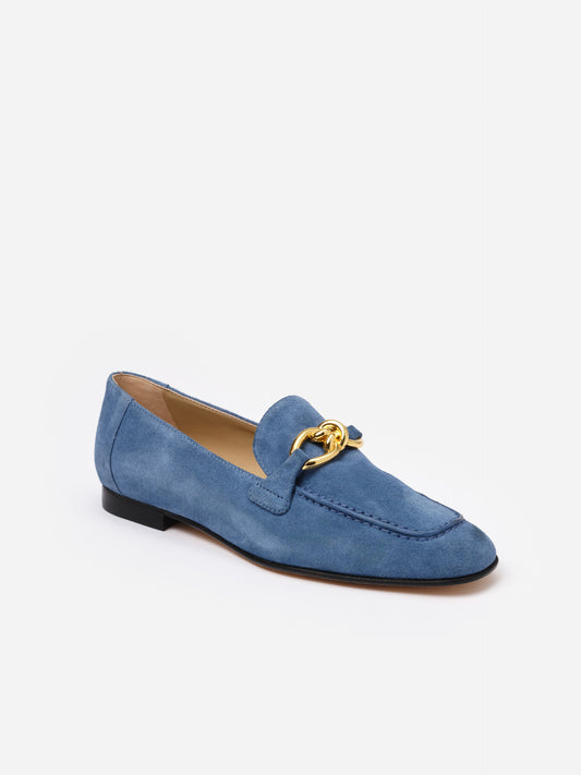 Mila Suede Loafers in soft blue suede with gold-tone hardware detail by J.McLaughlin, combining effortless style and enduring design for everyday wear.