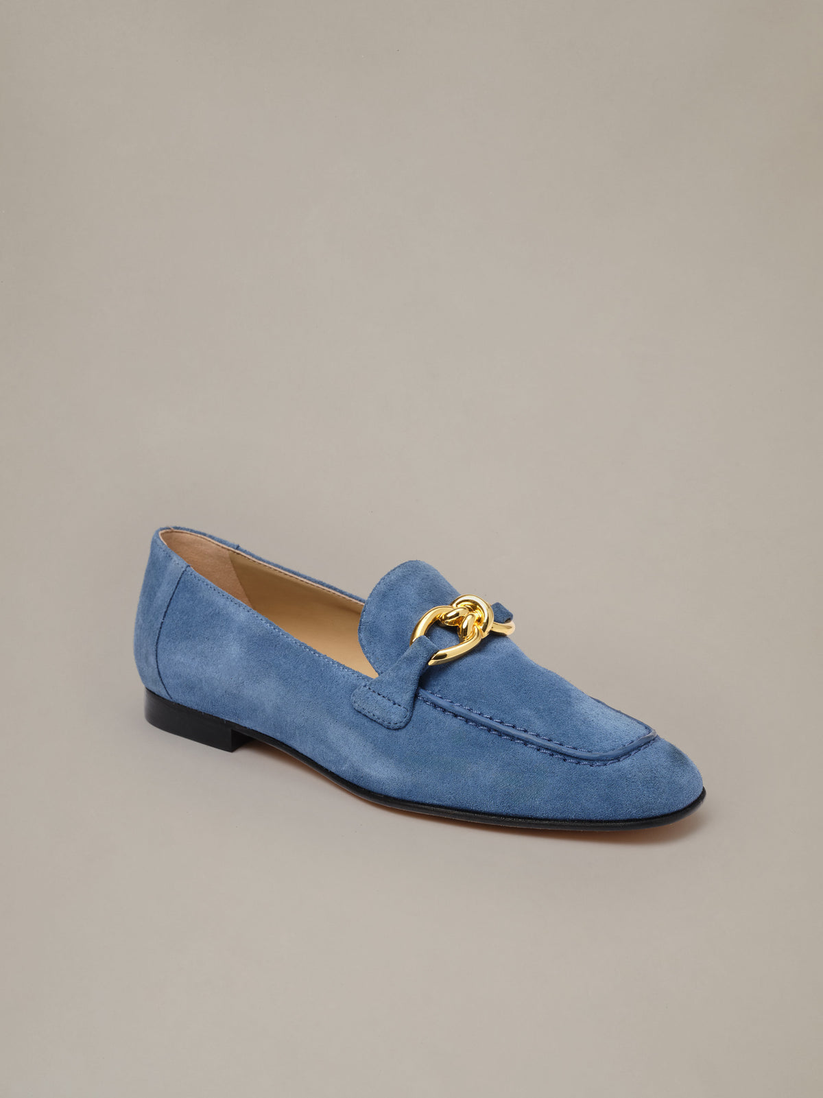 Mila Suede Loafers by J.McLaughlin in blue suede with gold horsebit detail and a low stacked heel classic shoes for effortless everyday style