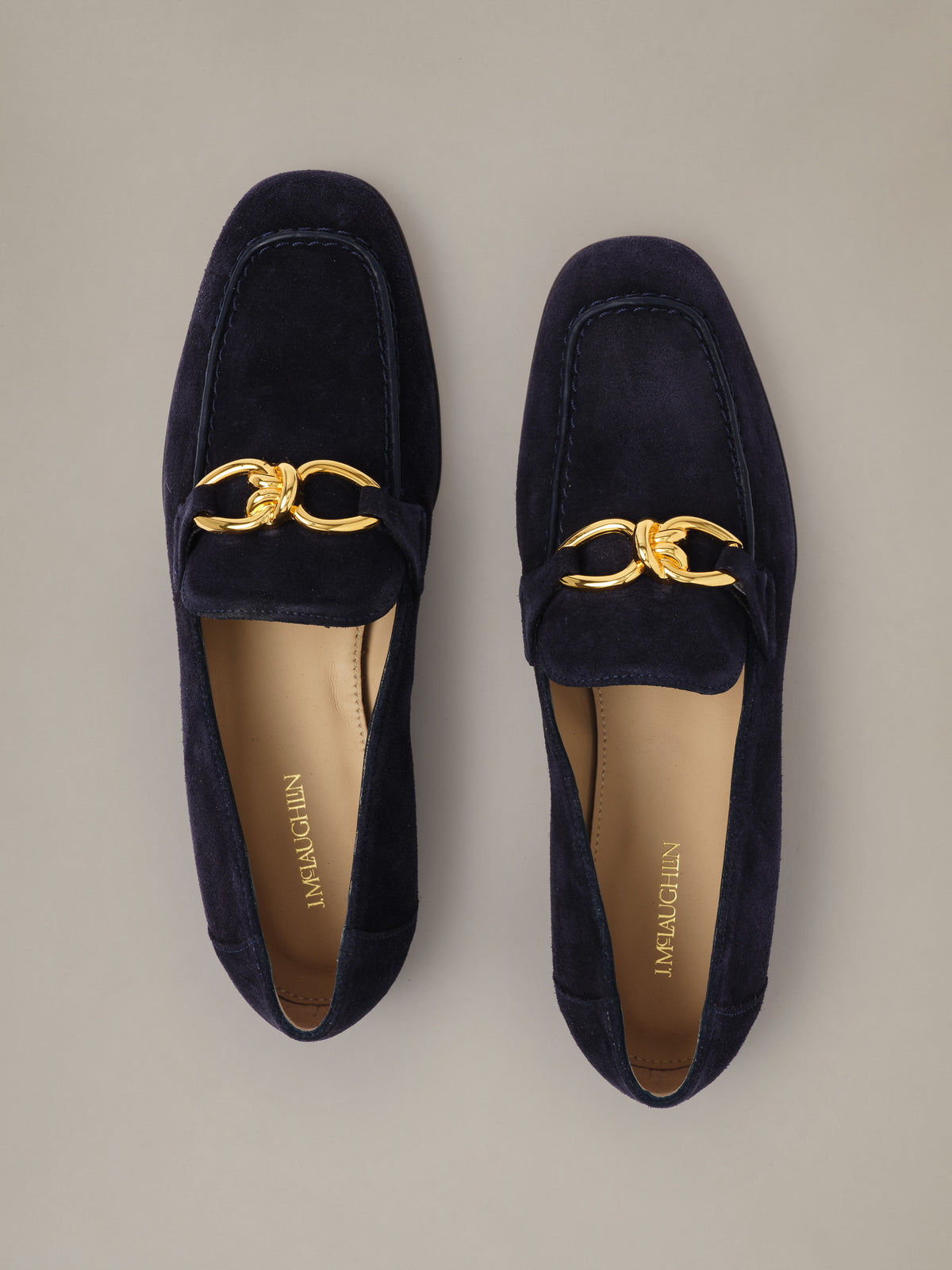 Mila Suede Loafers by J.McLaughlin in navy suede with polished gold horsebit hardware and soft leather lining for timeless everyday style