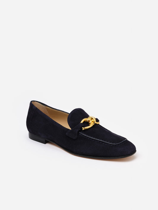 Mila Suede Loafers in deep navy with gold hardware detail, crafted by J.McLaughlin, featuring timeless design and refined suede texture for stylish everyday wear.