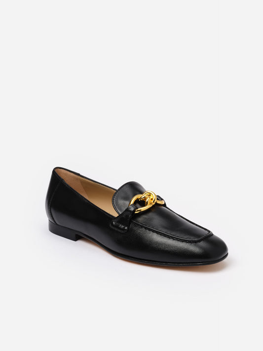Black Mila Leather Loafers by J.McLaughlin featuring a sleek leather design with gold hardware, combining effortless style and enduring craftsmanship for everyday wear.