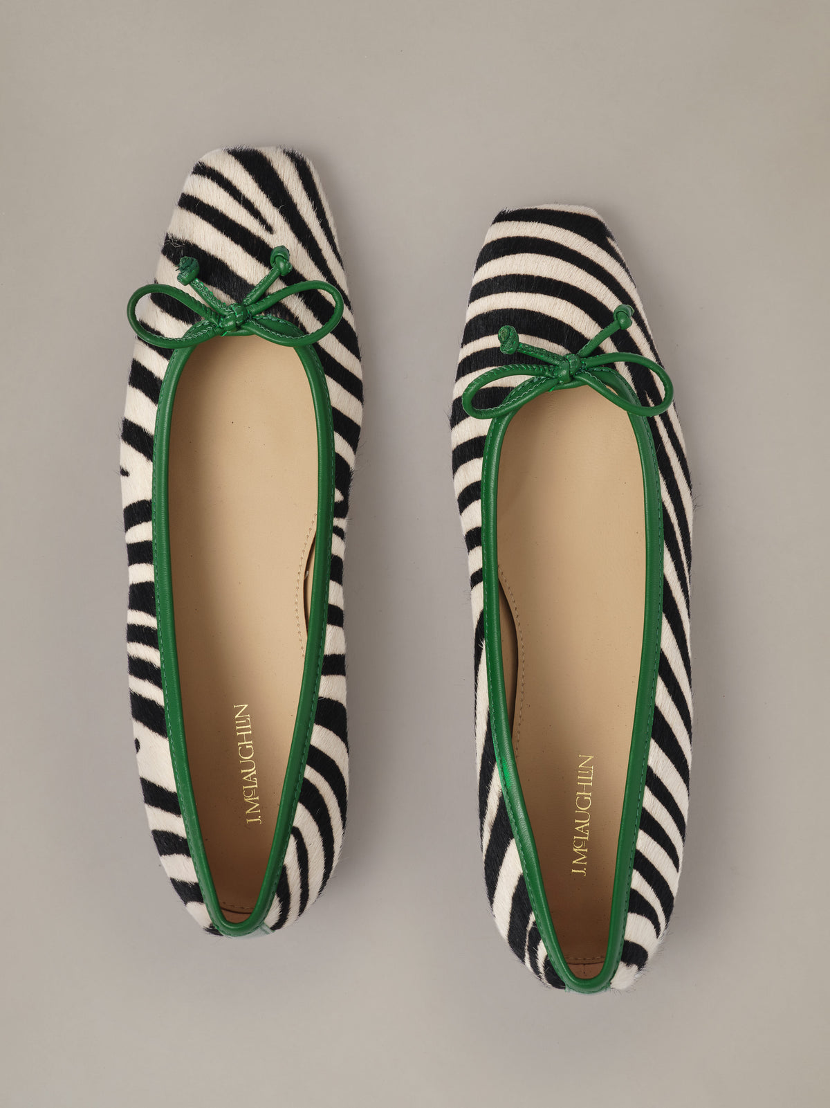 Viola Pony Hair Ballet Flats in Zebra by J.McLaughlin featuring striped pony hair uppers square toes and green lace details for effortless style