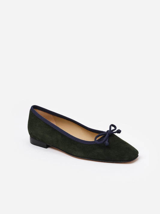 Viola Suede Ballet Flats in dark green with navy trim and bow detail, crafted by J.McLaughlin, showcasing timeless style and expert Spanish craftsmanship.
