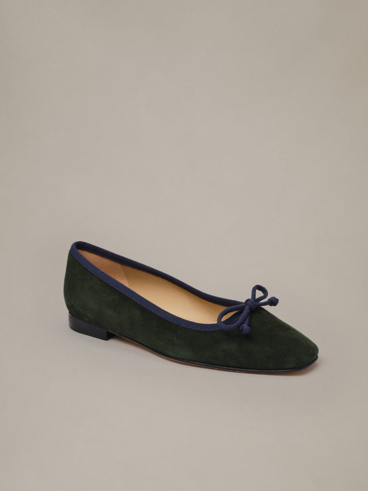 J.McLaughlin Viola Suede Ballet Flats in dark green suede with a structured toe and delicate bow detail for polished everyday style