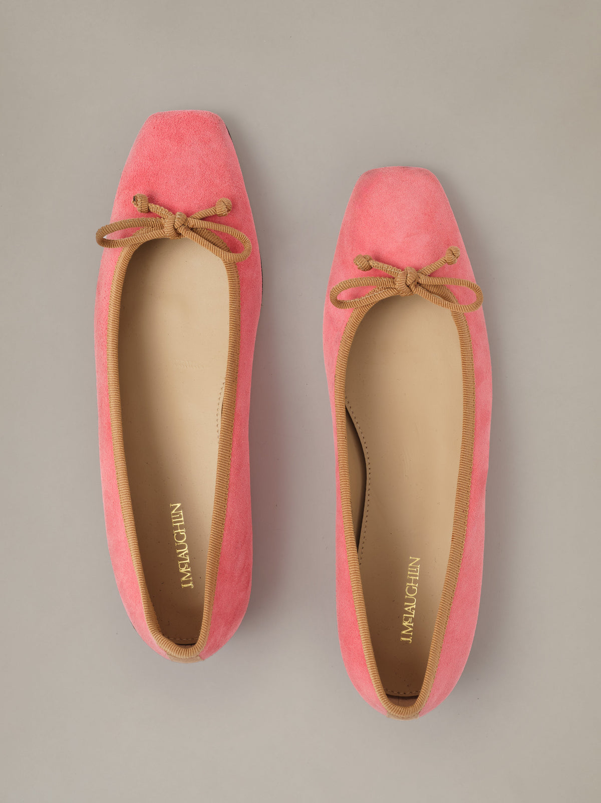 J.McLaughlin Viola Suede Ballet Flats in coral pink suede with square toes and tied bows shown from above
