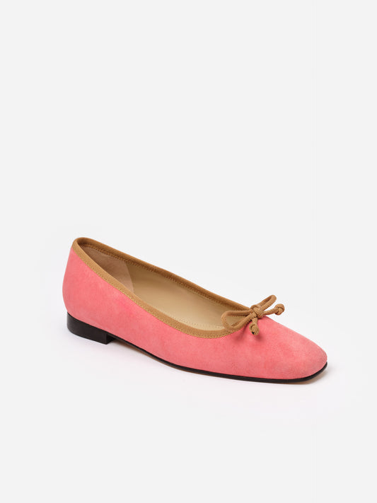 Viola Suede Ballet Flats in coral pink by J.McLaughlin, featuring a square toe and bow accent, blending elegant suede craftsmanship with timeless style for daily wear.