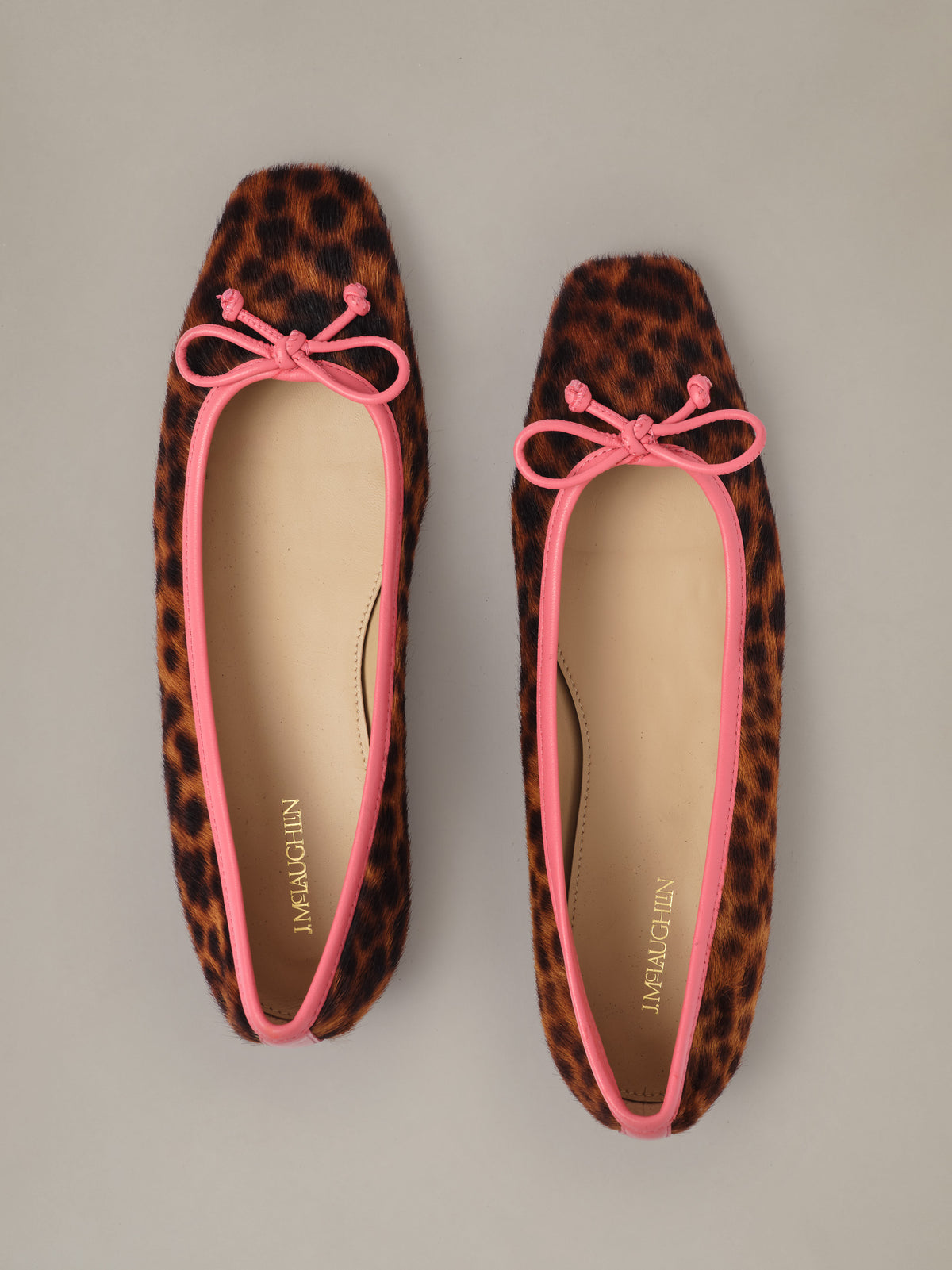 Viola Pony Hair Ballet Flats in Leopard by J.McLaughlin with pink trim and bow details