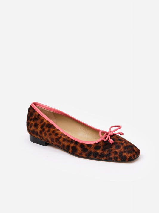 Viola Pony Hair Ballet Flats in Leopard by J.McLaughlin featuring a leopard print pony hair upper with a pink trim and bow, combining timeless style with lasting comfort.