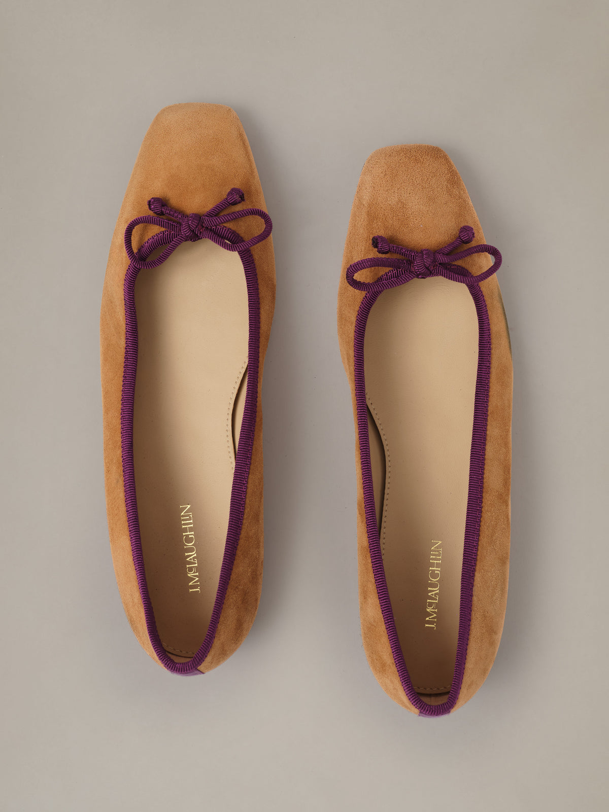 Viola Suede Ballet Flats by J.McLaughlin in tan suede with purple tie details shown as a pair from above