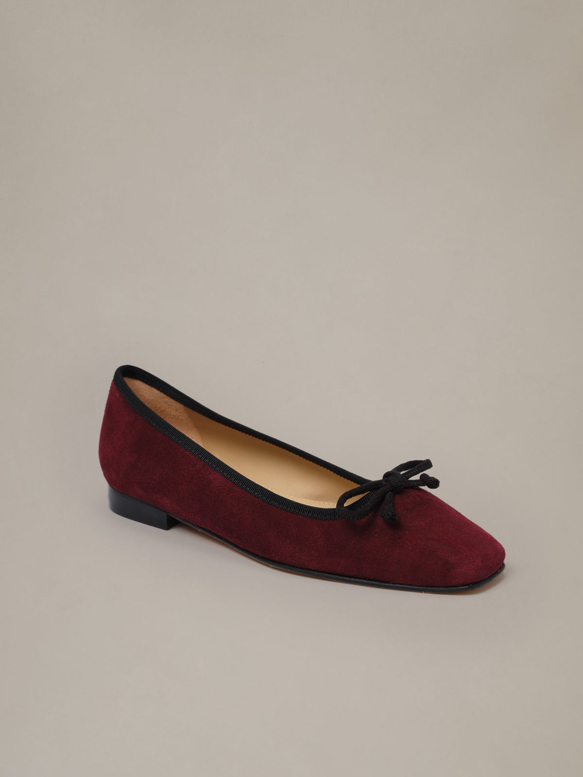 J.McLaughlin Viola Suede Ballet Flats in burgundy suede with a structured square toe and delicate bow detail