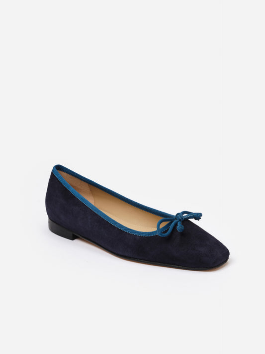Viola Suede Ballet Flats in navy suede with a square toe and blue trim, designed by J.McLaughlin for stylish, comfortable wear with jeans or dresses.