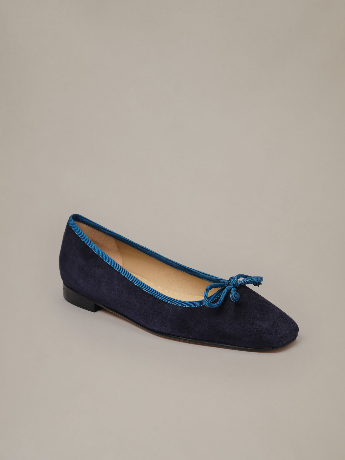 J.McLaughlin Viola Suede Ballet Flats in navy suede with a square toe and delicate bow detail for polished everyday style