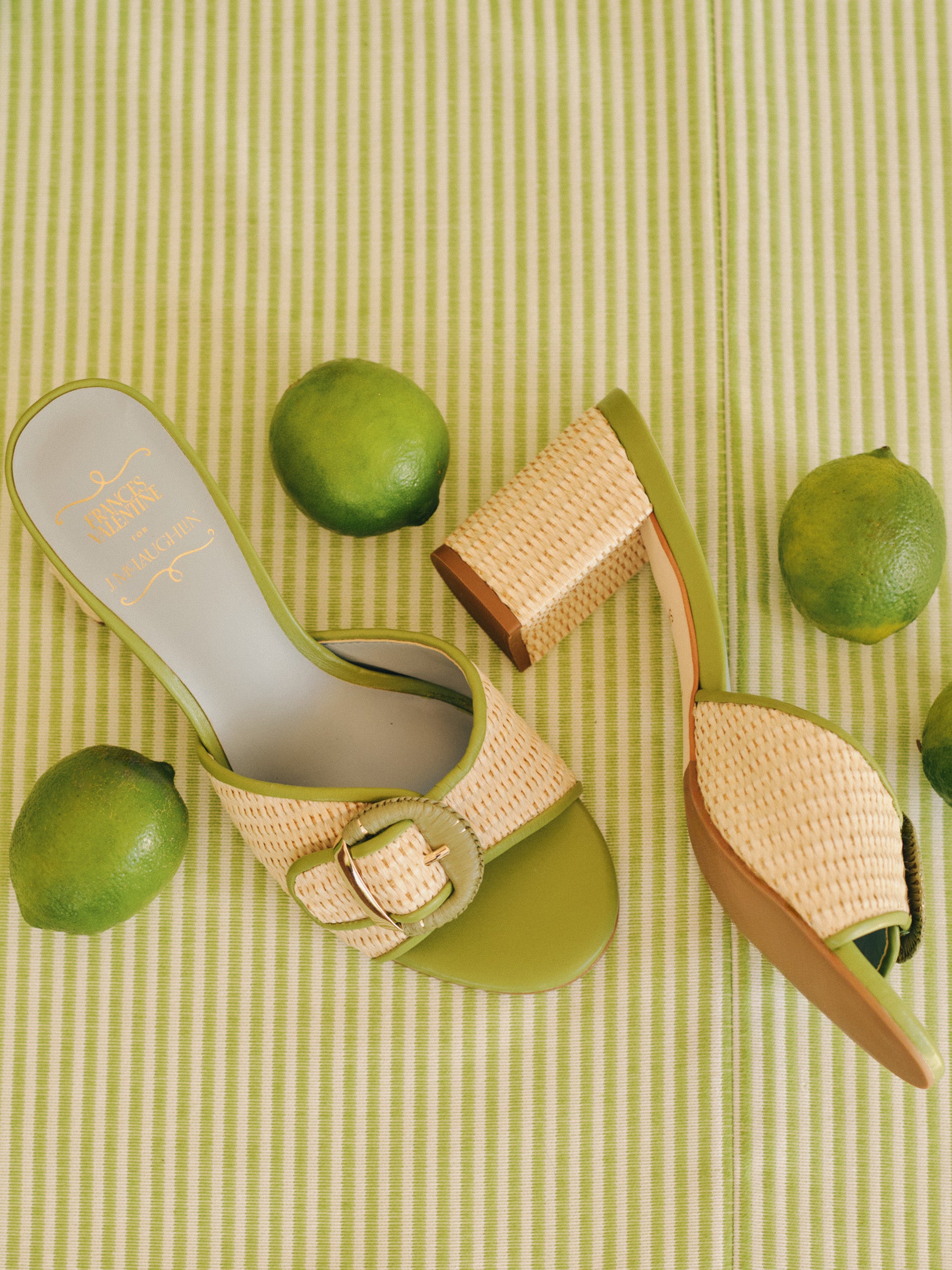 Taylor Heels by J.McLaughlin feature a woven design with green leather accents and a block heel, blending effortlessly stylish, enduring designs with a legacy of timeless fashion.