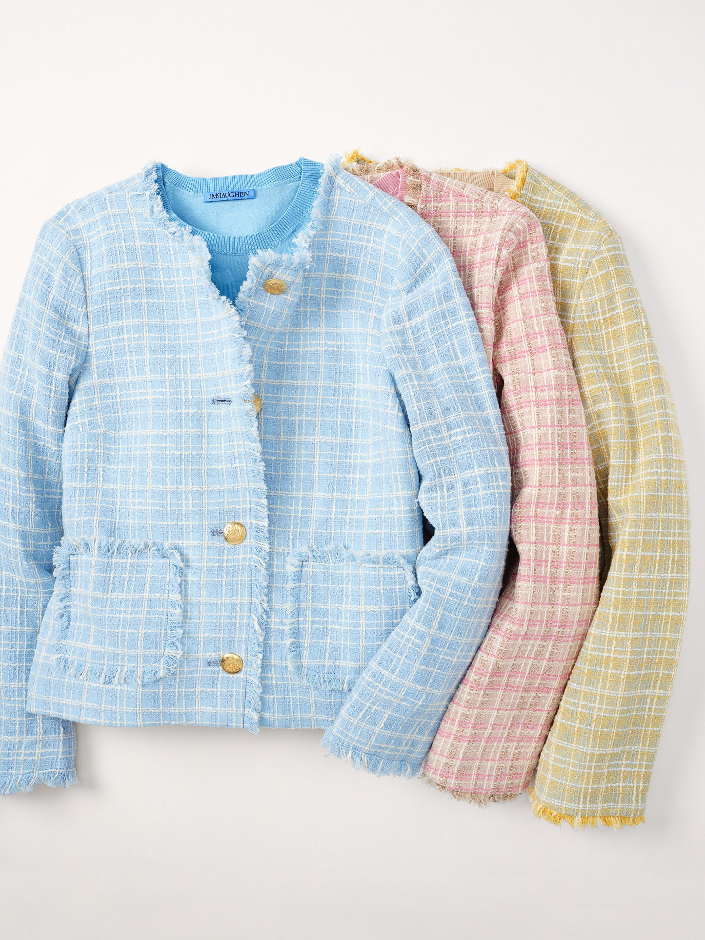 Abigail Bouclé Jacket in Mini Window Pane by J.McLaughlin in pastel blue, pink, and yellow, featuring effortlessly stylish design, innovative fabric, and enduring appeal.