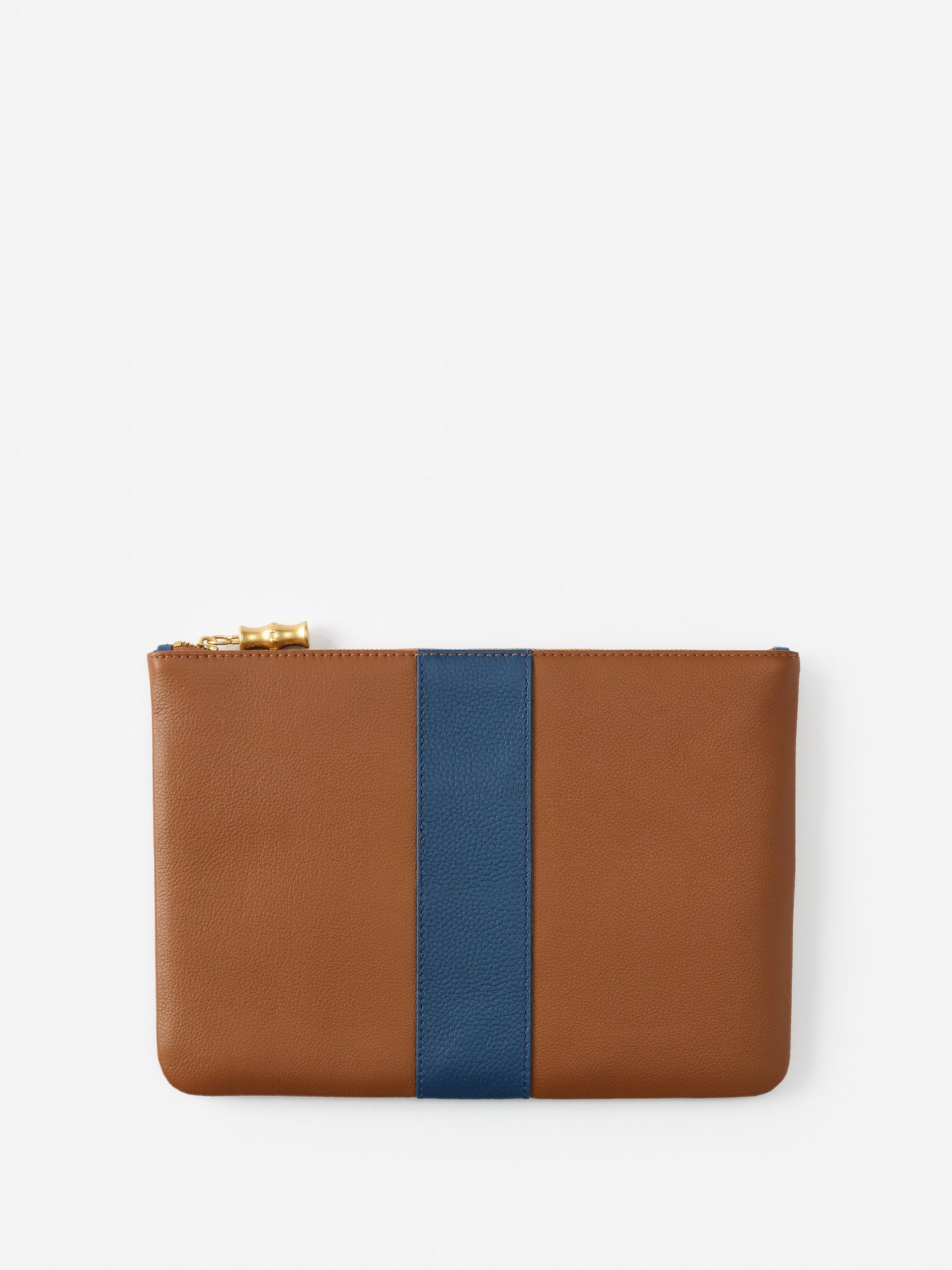 J.McLaughlin Willow clutch in tobacco/navy made with leather.
