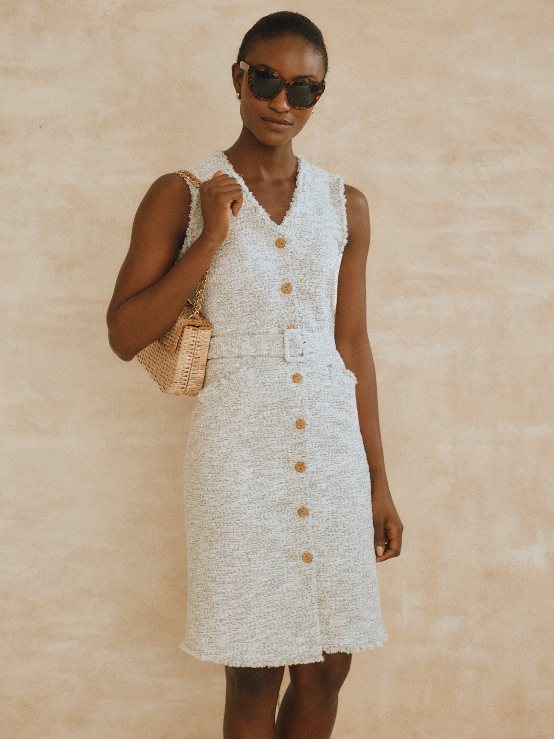 J.McLaughlin Wynonna dress in faded green made with tweed/boucle.