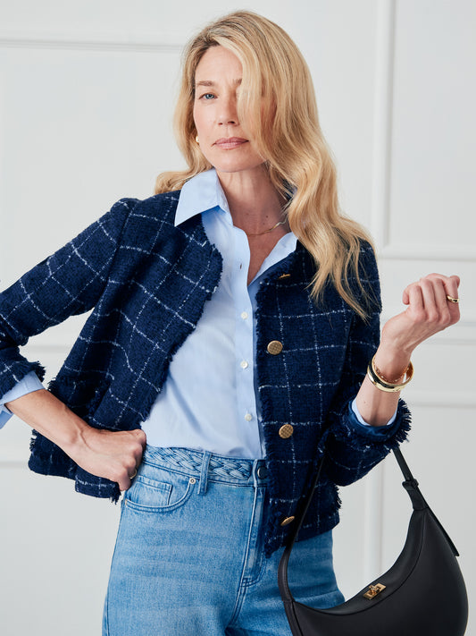 J.McLaughlin Abigail jacket in navy/white made with wool. 
