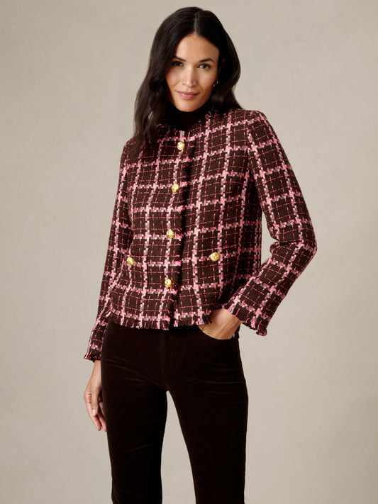 J.McLaughlin Abigail Bouclé Jacket in Plaid worn by a woman with black trousers featuring gold buttons and rich textured tailoring