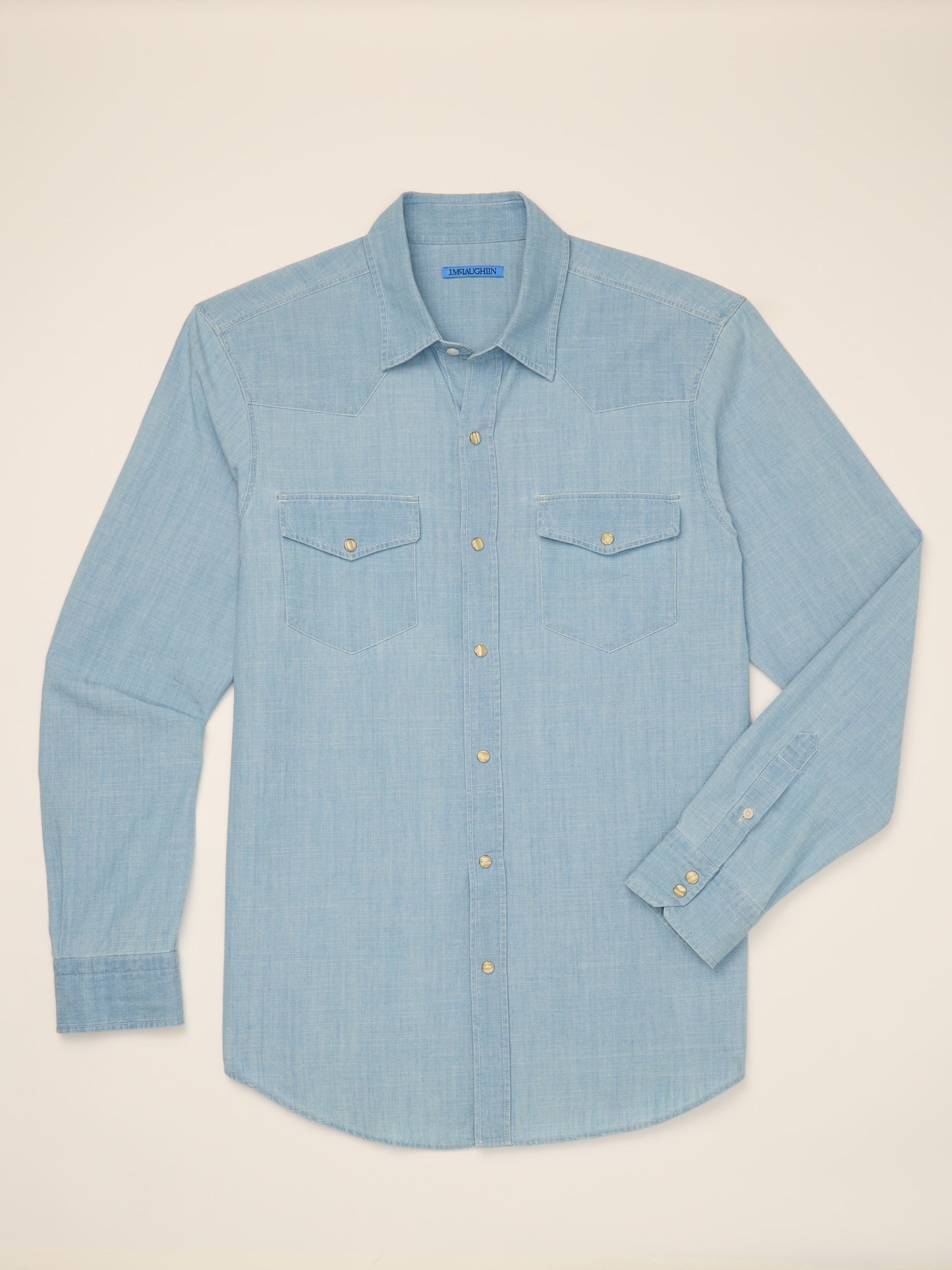 J.McLaughlin Ace high woven shirt in light denim blue made with cotton chambray.