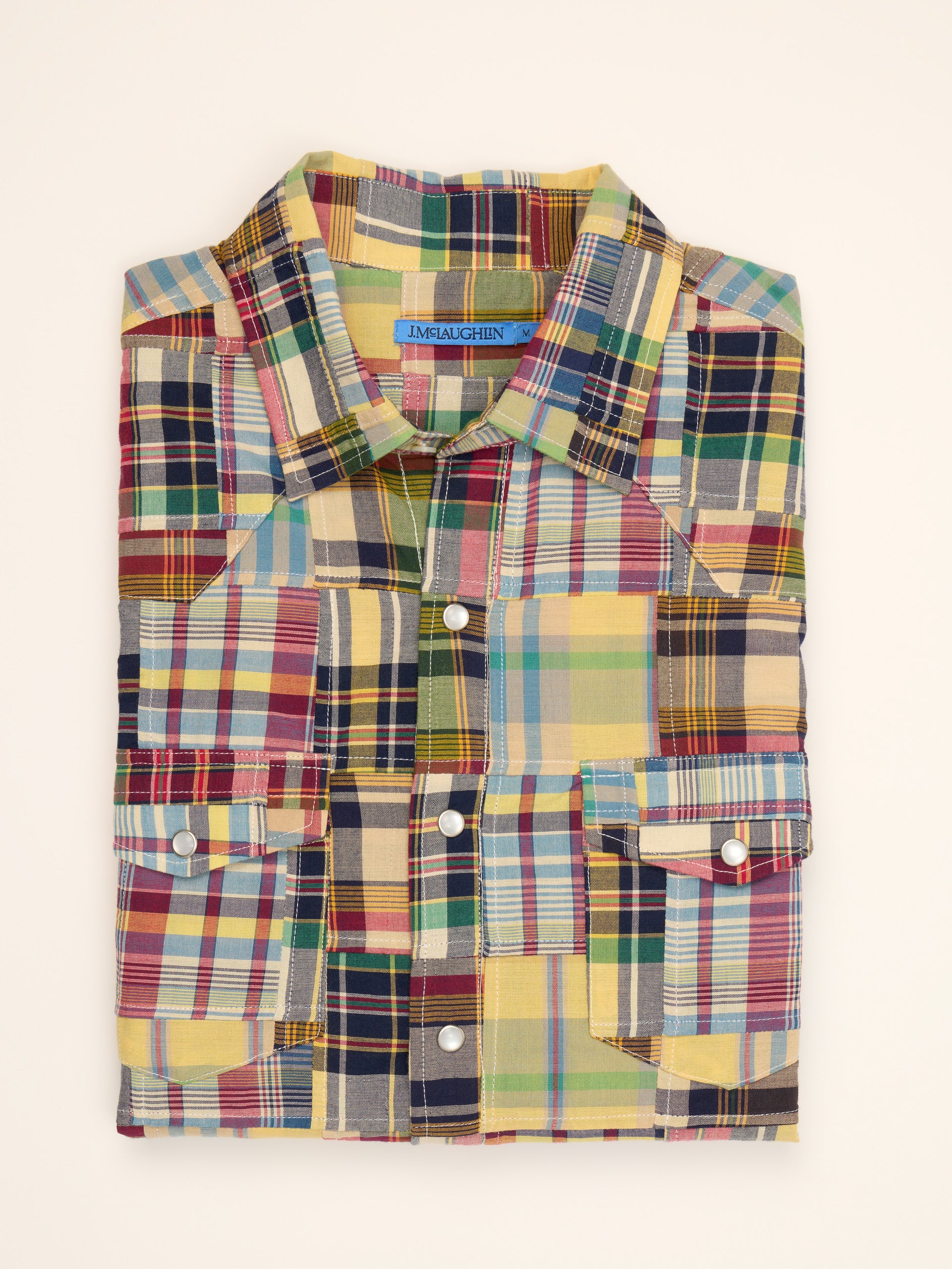 J.McLaughlin Ace high woven shirt in yellow/blue/red made with cotton.