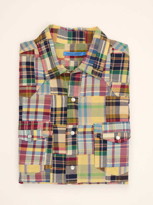 J.McLaughlin Ace high woven shirt in yellow/blue/red made with cotton.