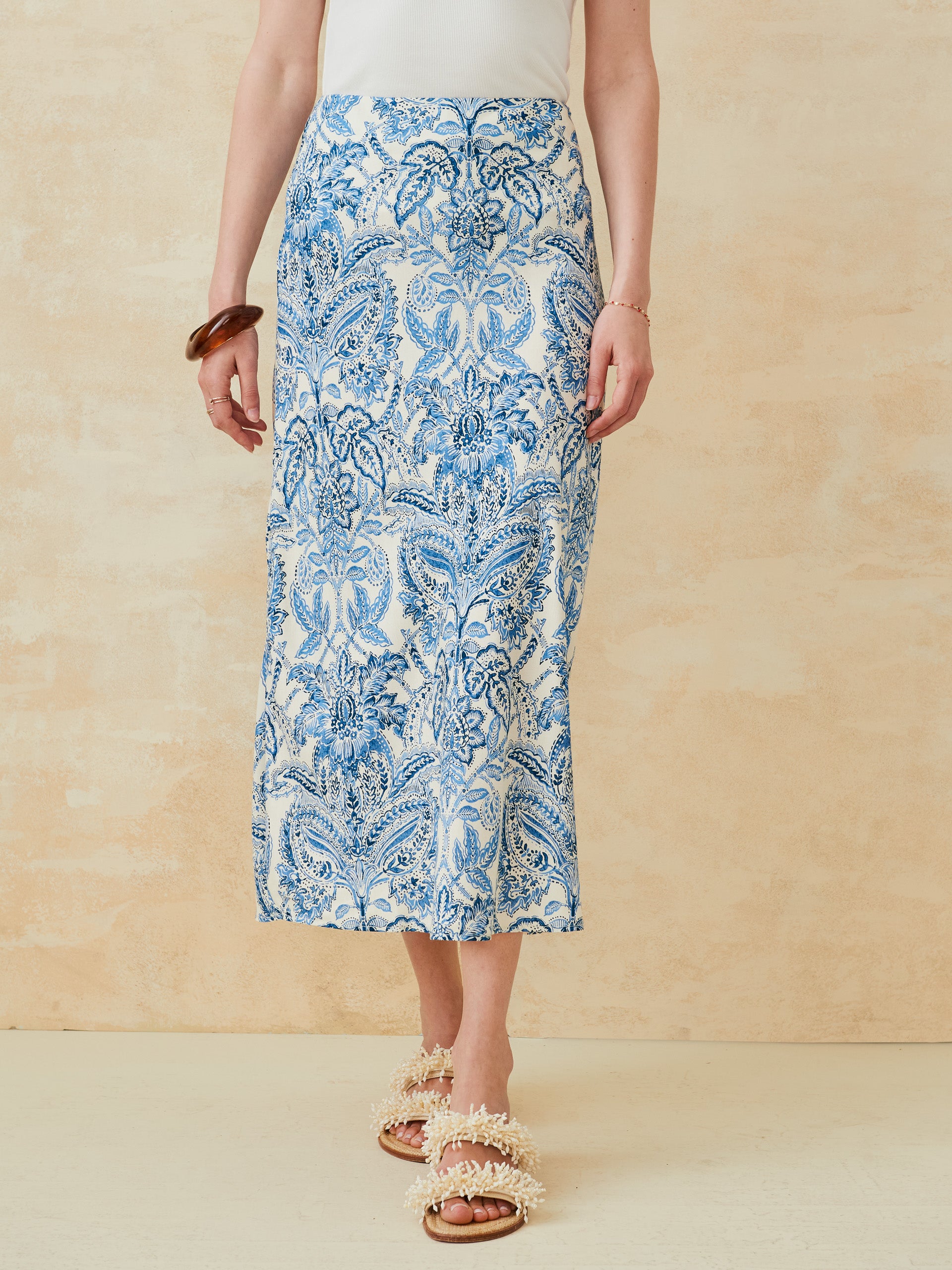 J.McLaughlin Adelyn skirt in off white/dark blue made with silk/viscose. 