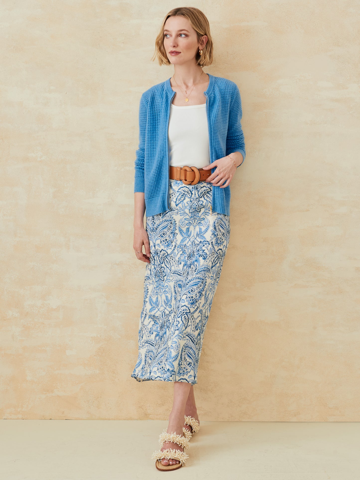 J.McLaughlin Adelyn skirt in off white/dark blue made with silk/viscose. 