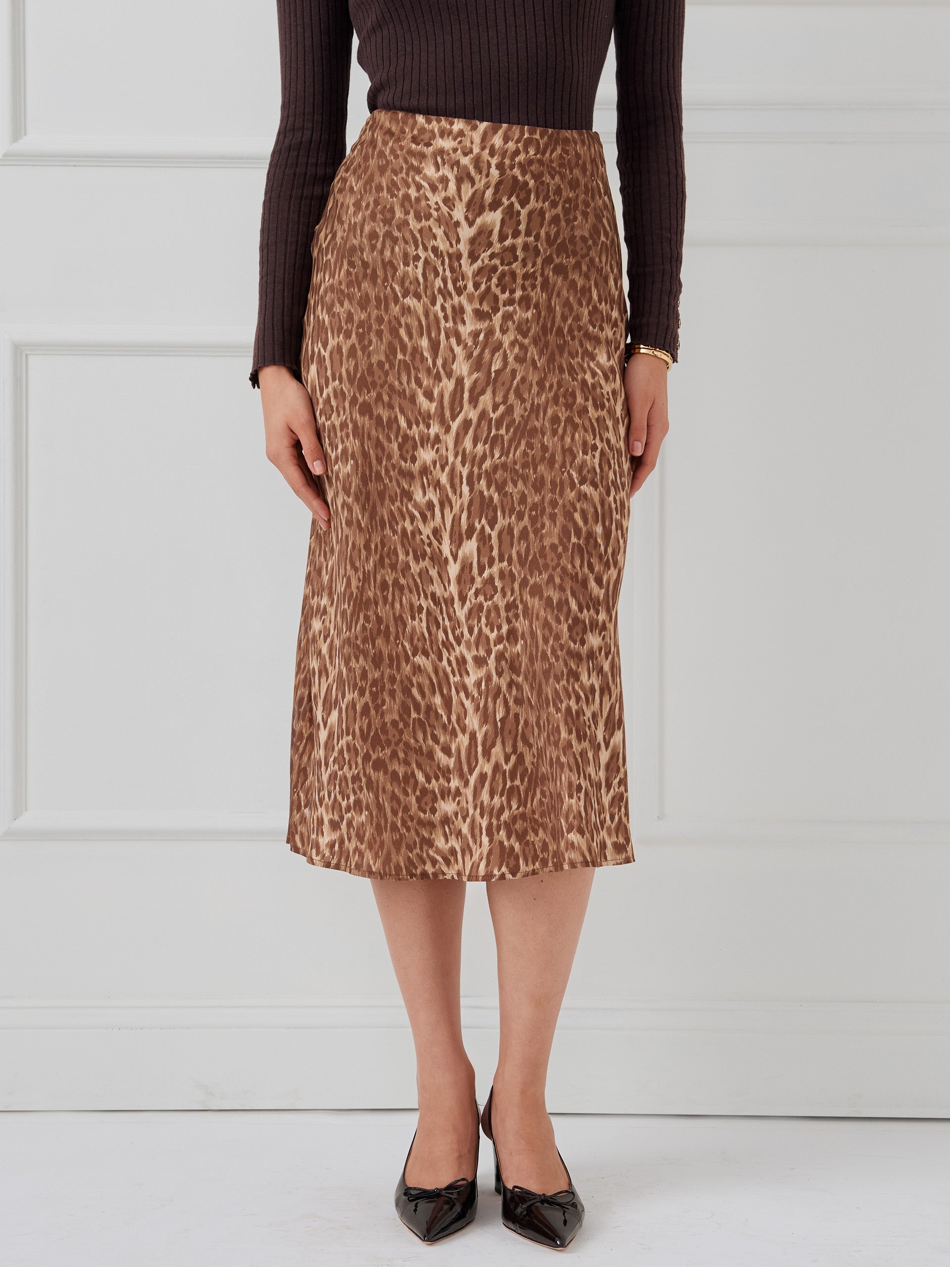 J.McLaughlin Adelyn skirt in medium brown/beige made with silk viscose.