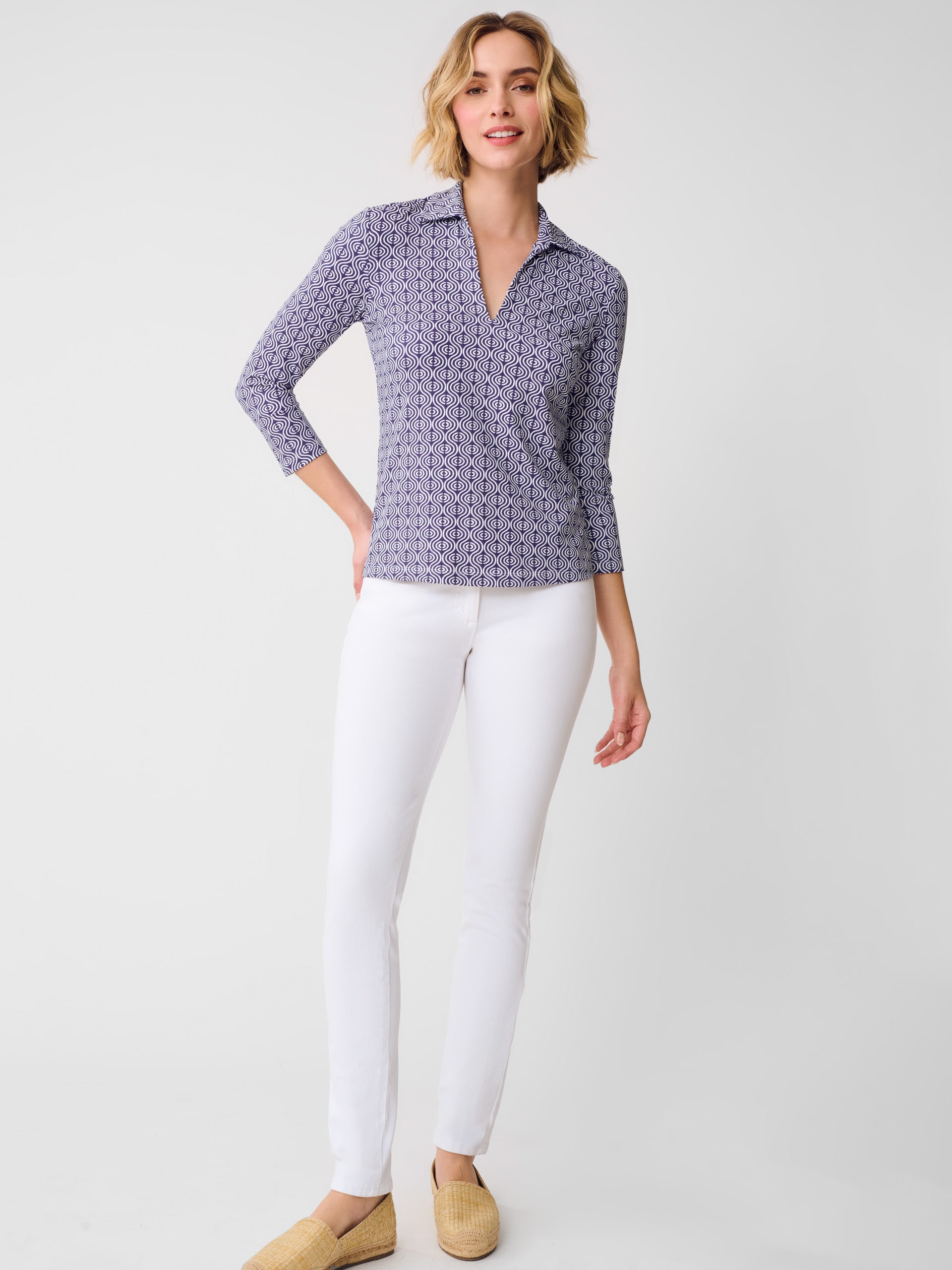 J.McLaughlin Aida top in navy/white made with Catalina Cloth.