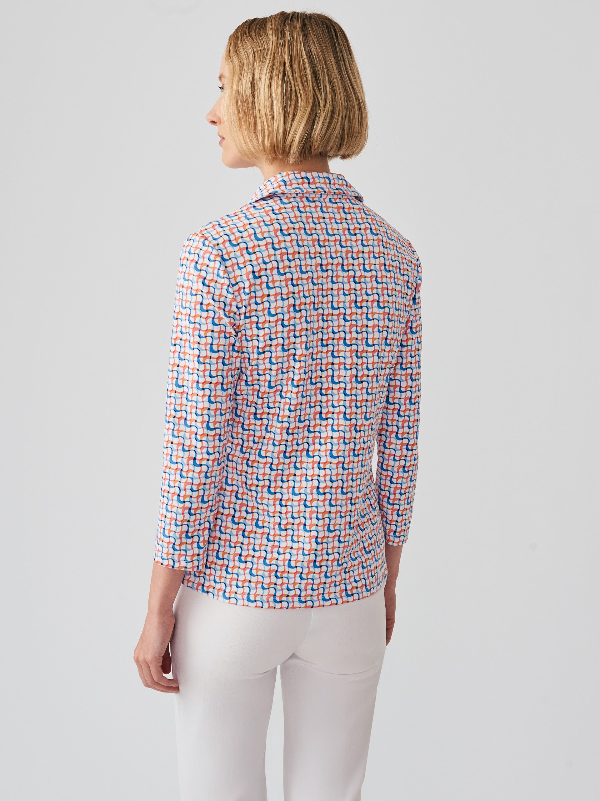 J.McLaughlin Aida 3/4 sleeve top in white/multi made with catalina cloth.