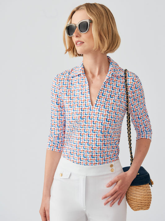 J.McLaughlin Aida 3/4 sleeve top in white/multi made with catalina cloth.