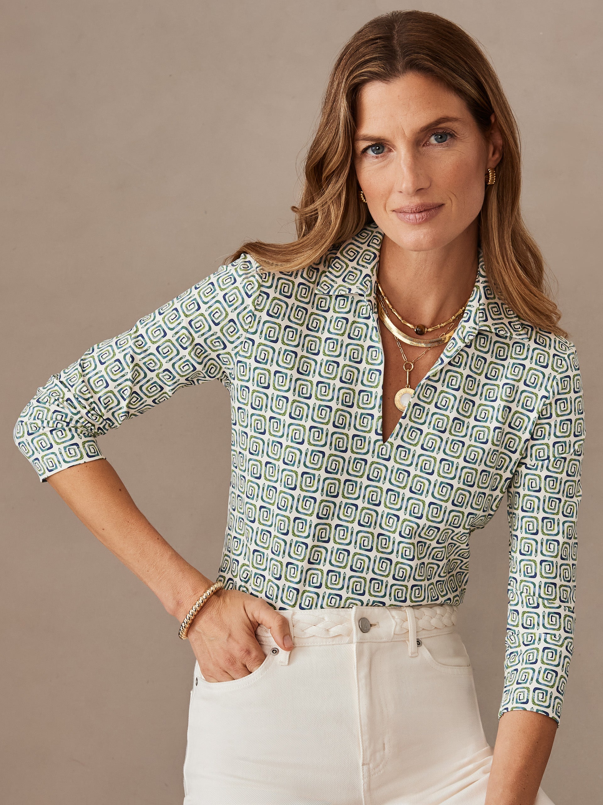 J.McLaughlin Aida top in white/multi made with catalina cloth.