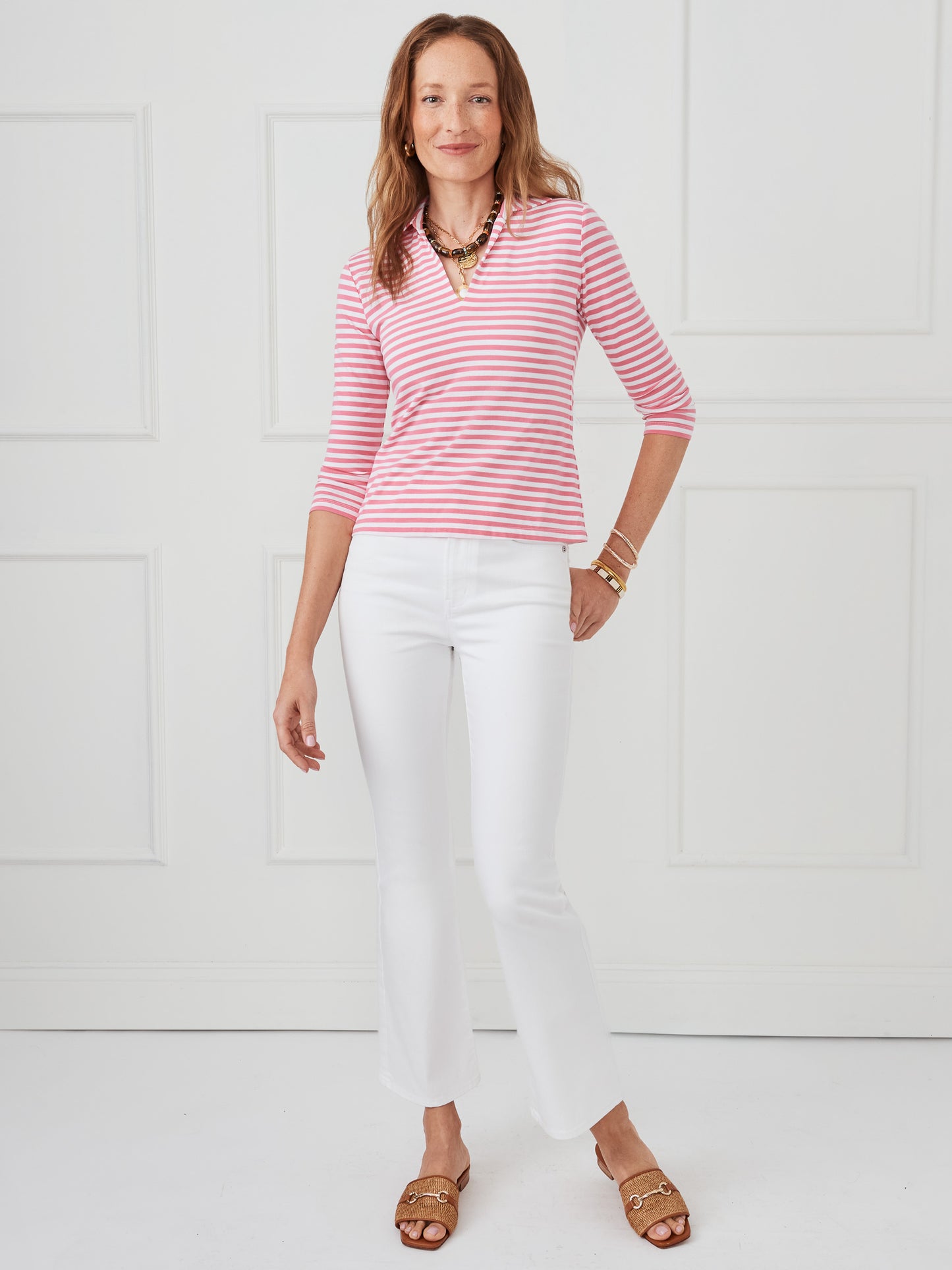 J.McLaughlin Aida top in white/coral rose made with cotton modal knit.
