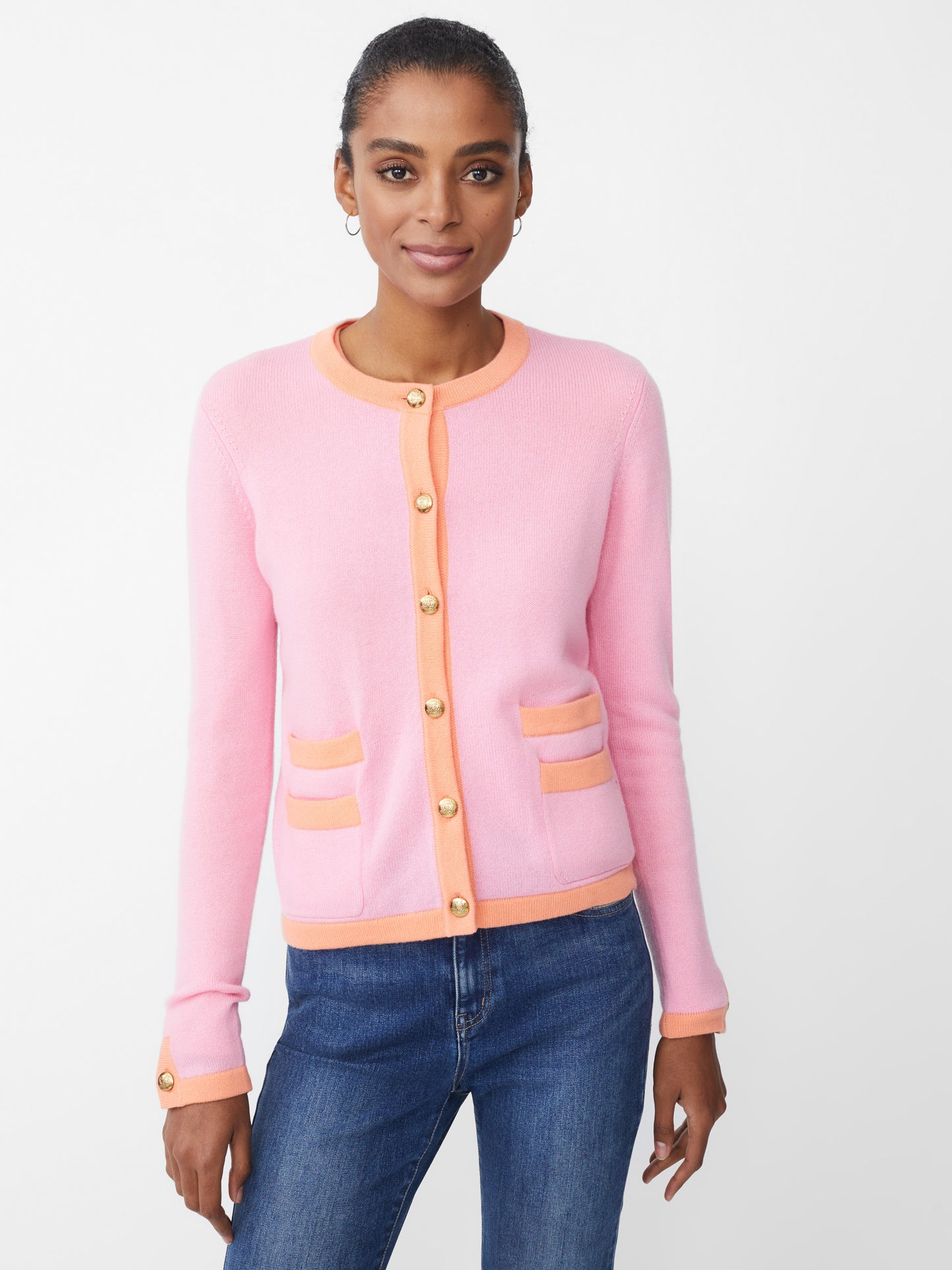 J.McLaughlin Ainsley cardigan in pink/orange made with cashmere.