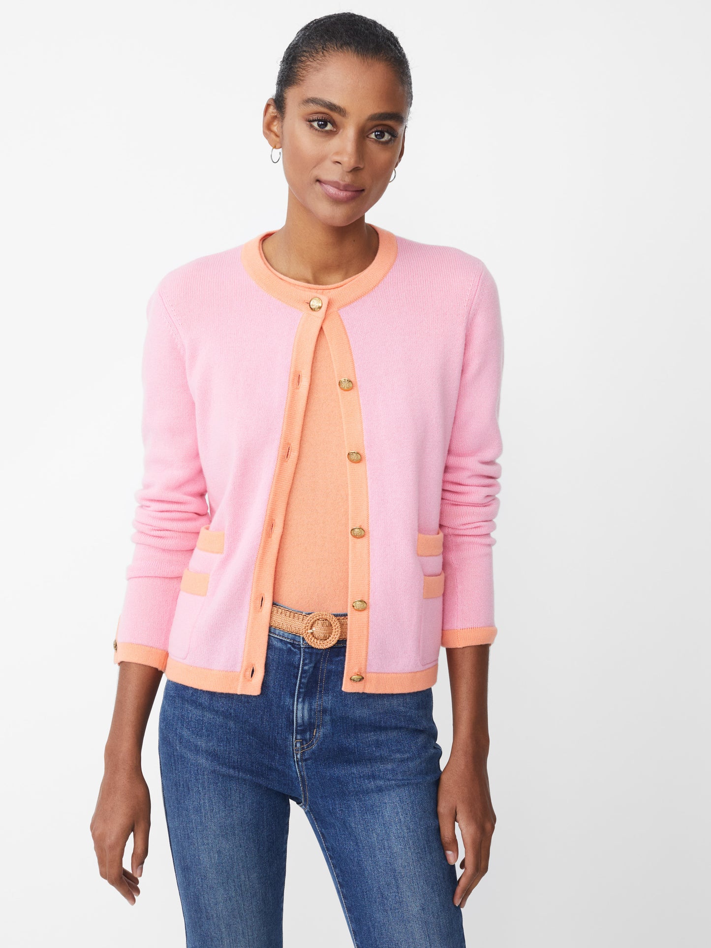 J.McLaughlin Ainsley cardigan in pink/orange made with cashmere.