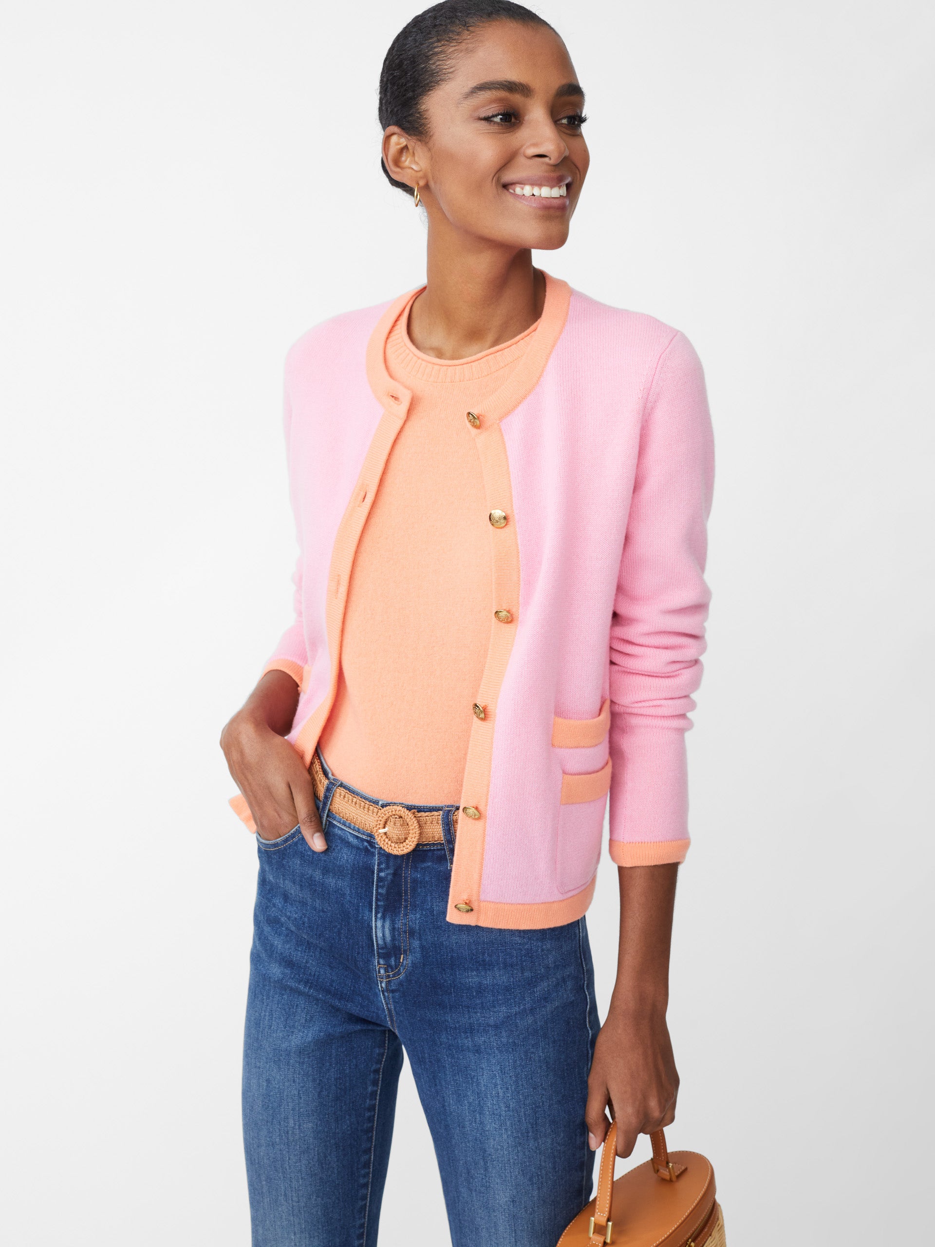 J.McLaughlin Ainsley cardigan in pink/orange made with cashmere.