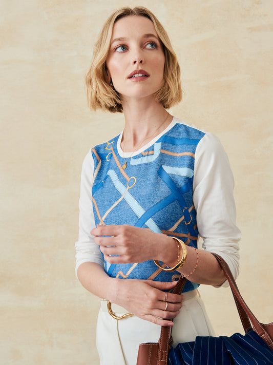J.McLaughlin Alessandra top in denim/tan made with cotton/silk.
