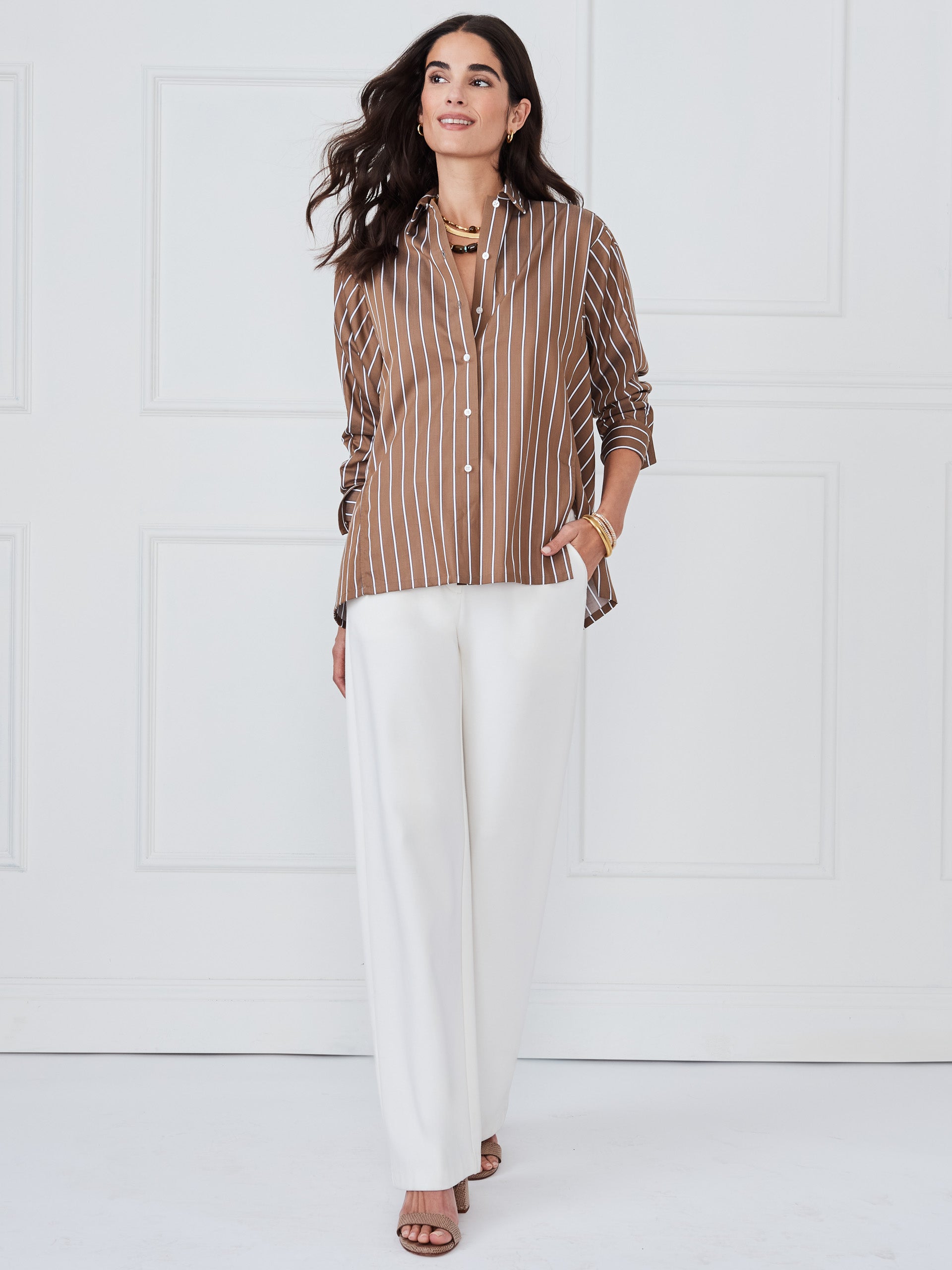 J.McLaughlin Alexis shirt in walnut/white made with cotton. 