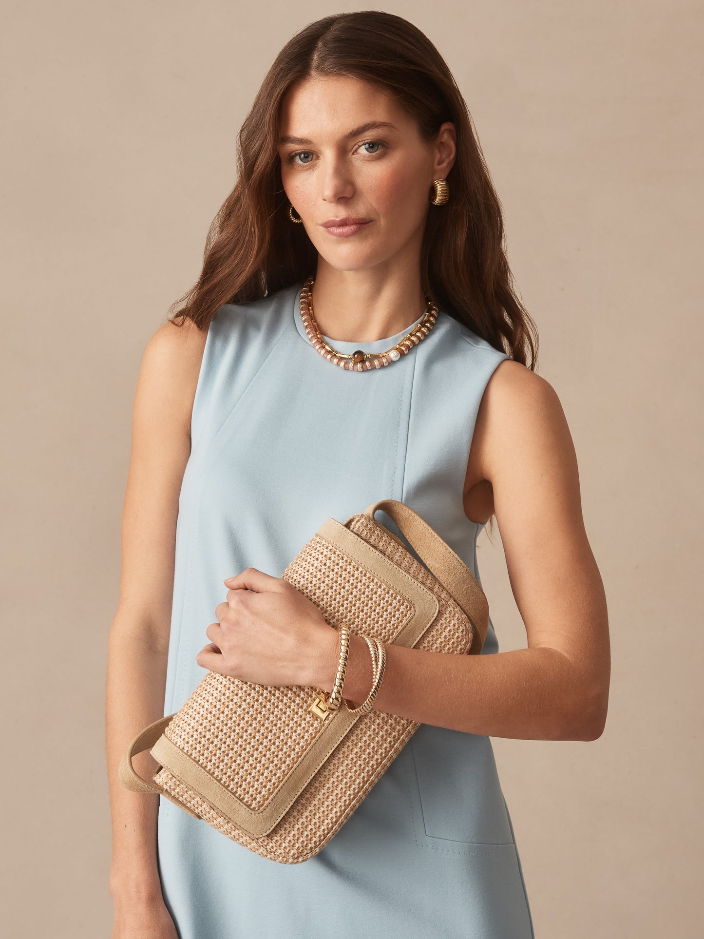 J.McLaughlin Laasya handbag in khaki/off white made with grasscloth/suede.